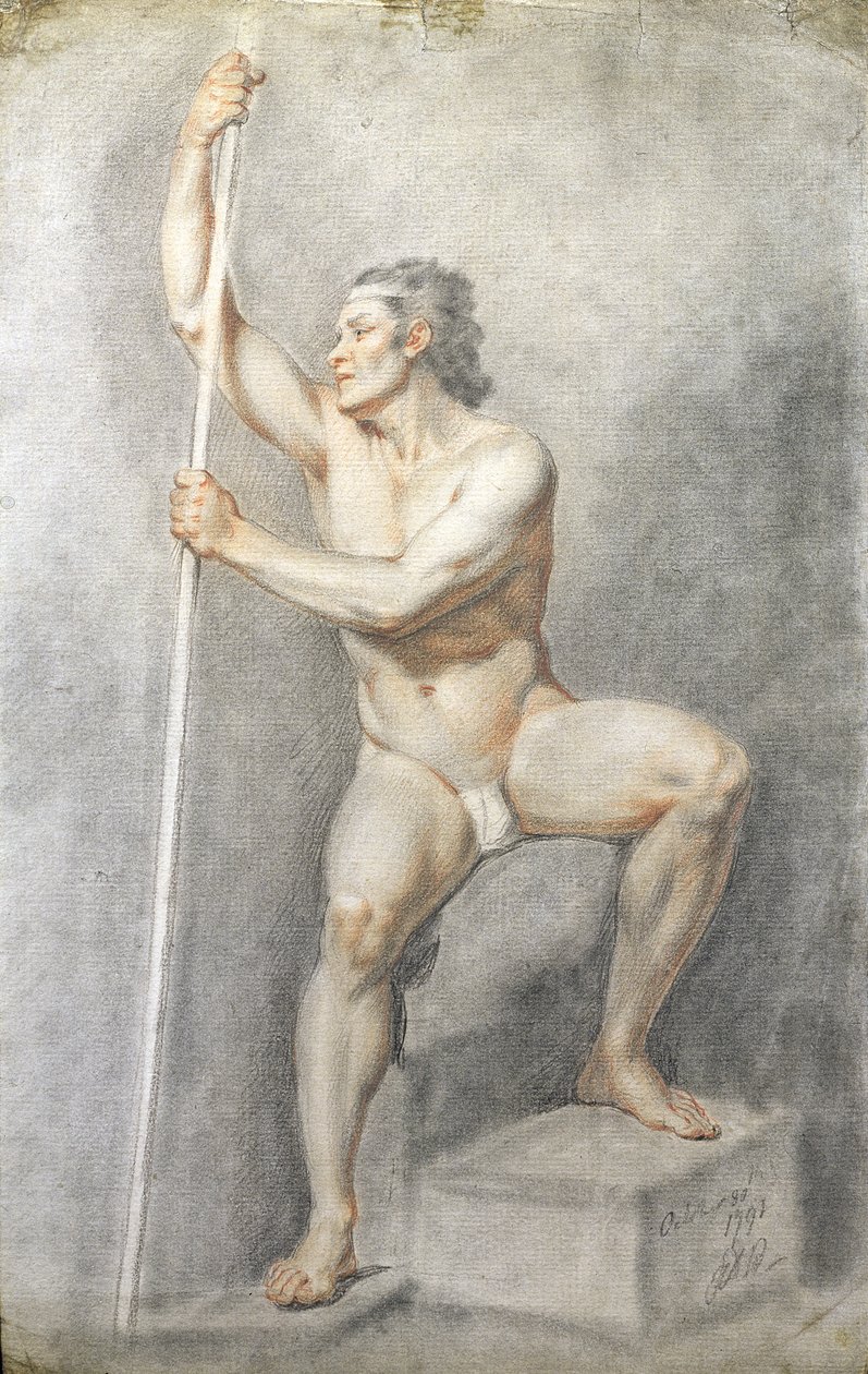 एक पुरुष न्यूड होल्डिंग स्टाफ, c.1770 (कागज पर रंगीन चाक) द्वारा अंग्रेजी स्कूल