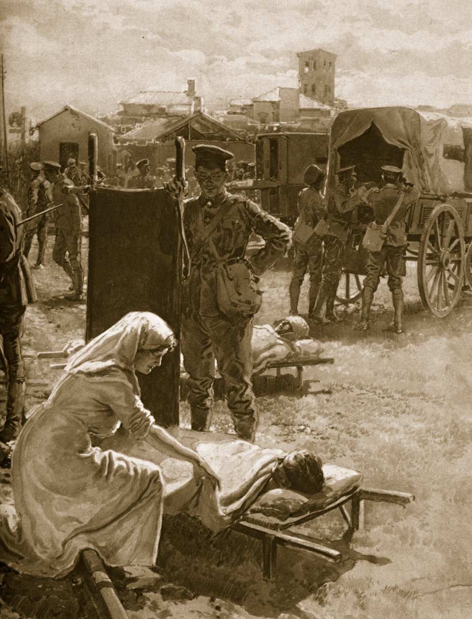 घायल सैनिकों के साथ एक मेडिकल स्टेशन, 1914-19 द्वारा अंग्रेजी स्कूल