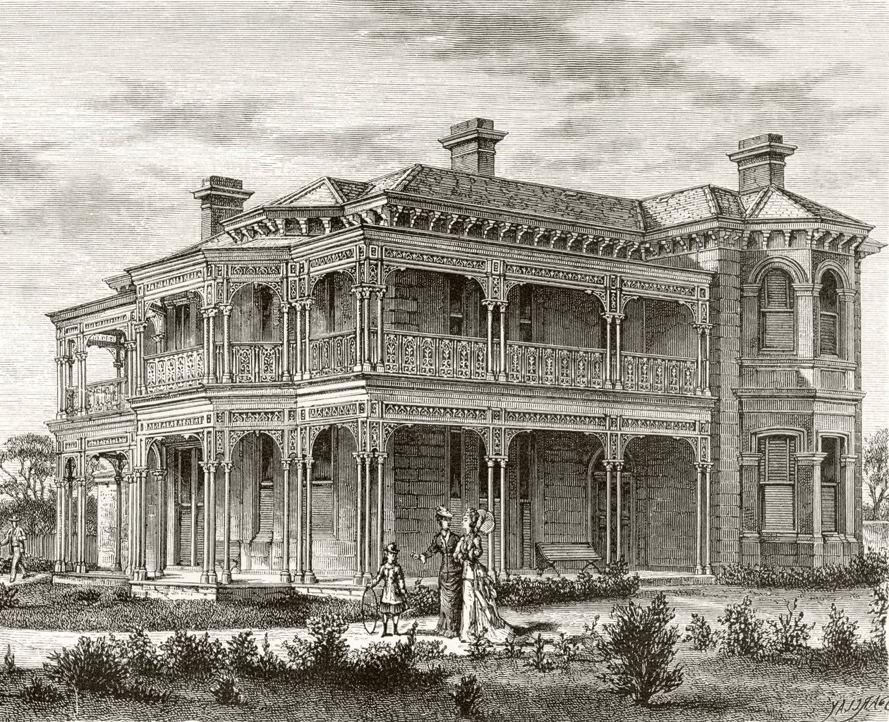 मेलबर्न उपनगरीय घर, c.1880, हावर्ड विलोबी द्वारा &39;ऑस्ट्रेलियन पिक्चर्स&39; से, धार्मिक ट्रैक्ट सोसायटी, लंदन, 1886 द्वारा प्रकाशित द्वारा अंग्रेजी स्कूल