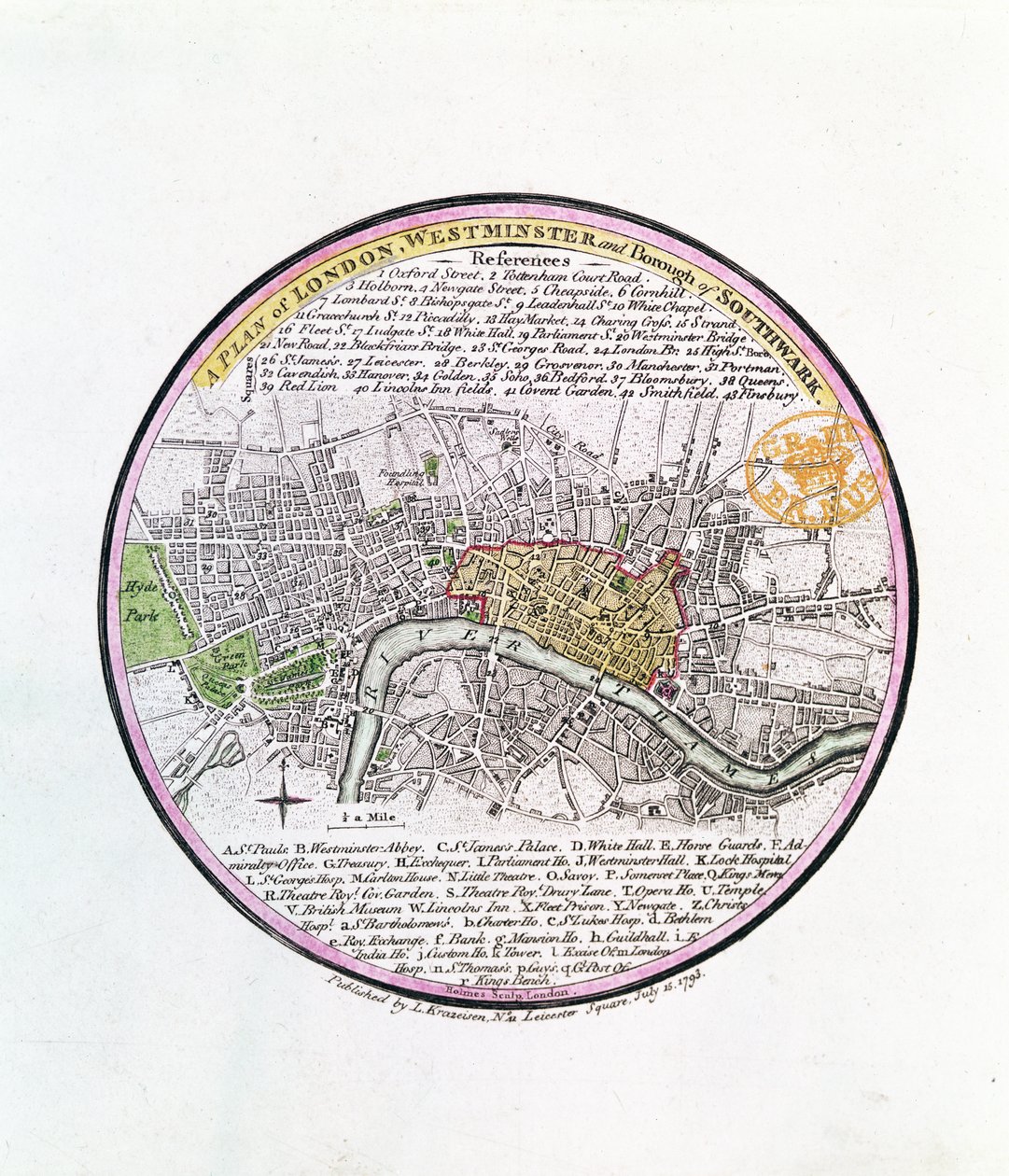लंदन की एक योजना, वेस्टमिंस्टर और साउथवार्क का बरो, 1793 (हाथ से रंगा हुआ उत्कीर्णन) द्वारा अंग्रेजी स्कूल