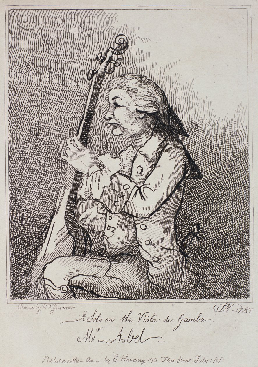 विओला दा गाम्बा, कार्ल फ्रेडरिक एबेल (1723-87) पर एक सोलो विलियम नेल्सन गार्डिनर (1766-1814) द्वारा 1787 में उकेरा गया द्वारा अंग्रेजी स्कूल