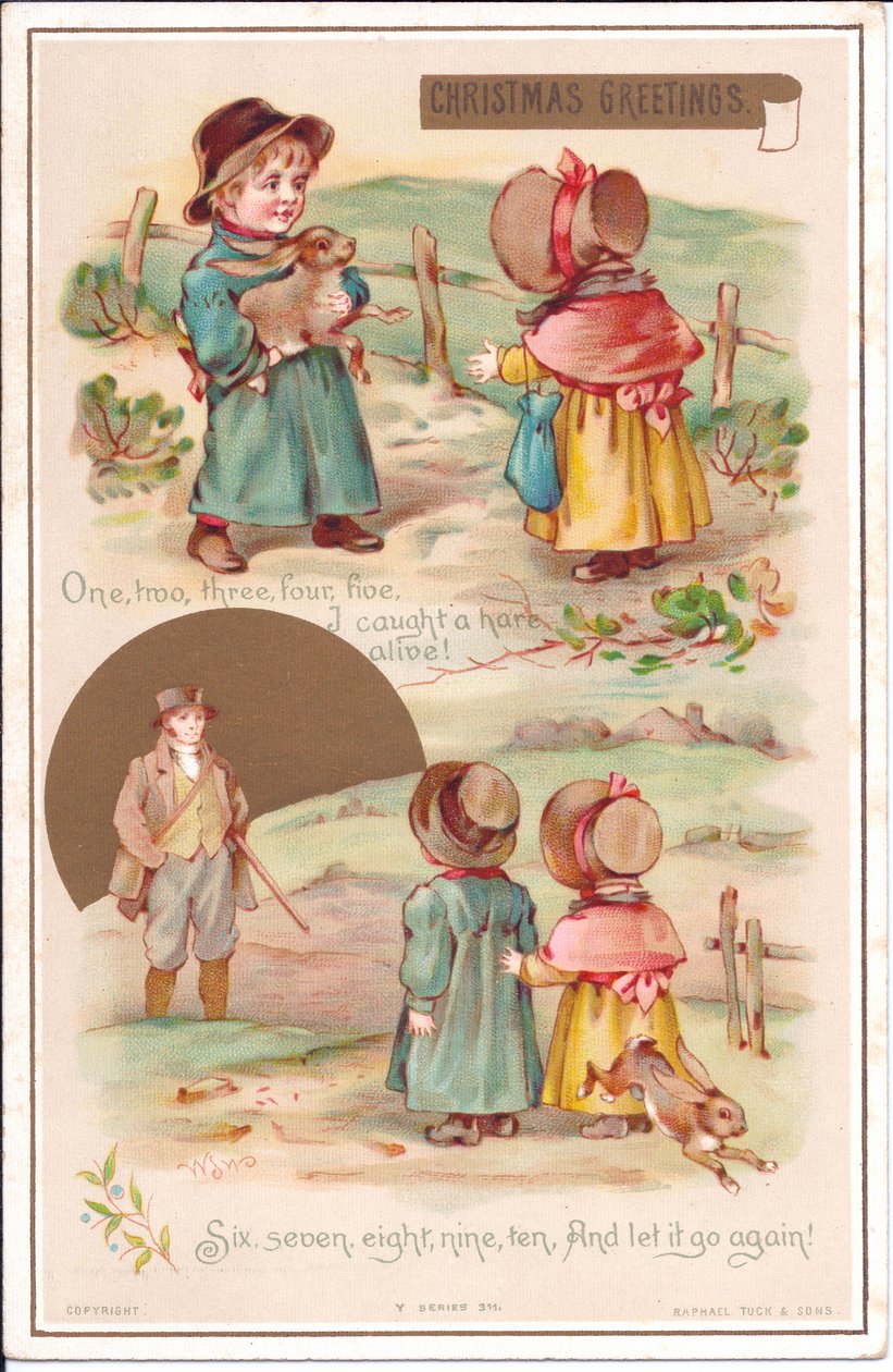 एक खरगोश के साथ दो बच्चों का विक्टोरियन क्रिसमस कार्ड, c.1880 (कलर लिथो) द्वारा अंग्रेजी स्कूल