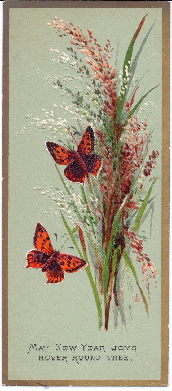 लंबी घास के बीच दो तितलियों का एक विक्टोरियन नव वर्ष कार्ड, c.1880 द्वारा अंग्रेजी स्कूल