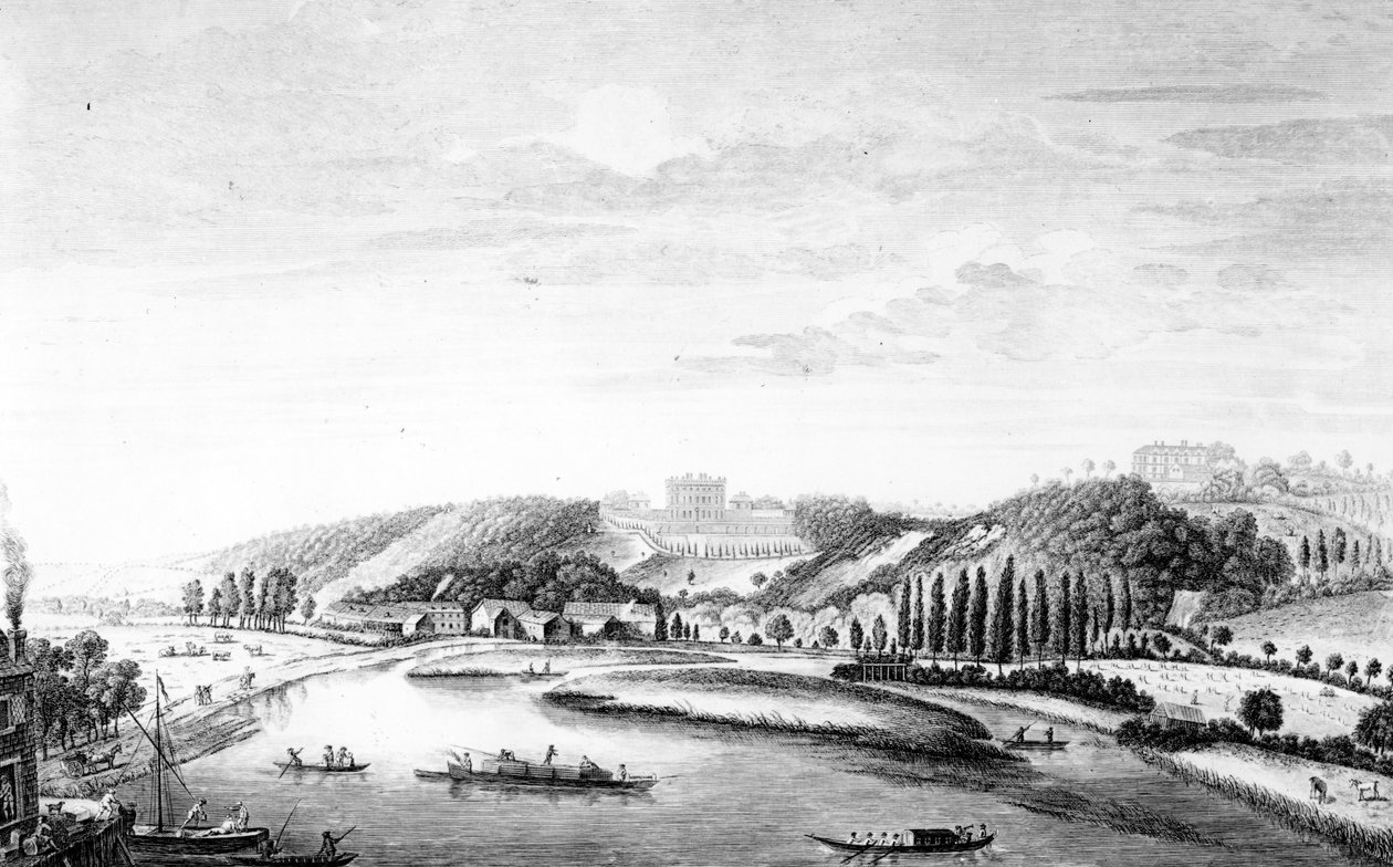 मेडेनहेड ब्रिज से लिया गया क्लेवेनडेन हाउस का एक दृश्य, c.1780 द्वारा अंग्रेजी स्कूल