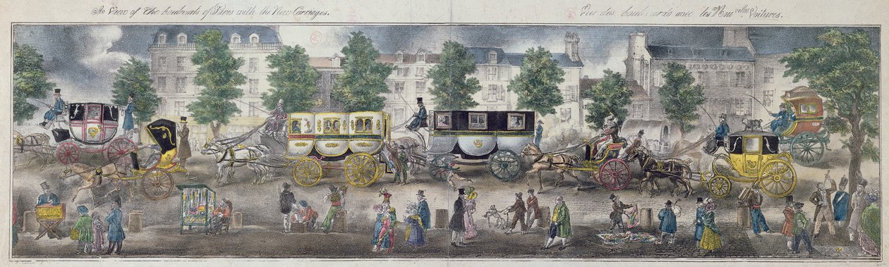 नई गाड़ियों के साथ पेरिस के बुलेवार्ड का एक दृश्य, 1828 (रंग उत्कीर्णन) द्वारा अंग्रेजी स्कूल