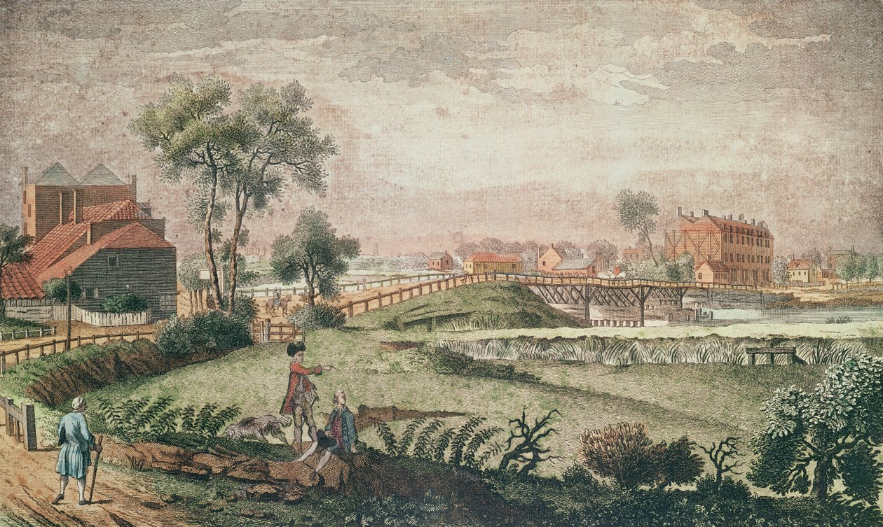 चेल्सी ब्रिज, 1761 का एक पश्चिम दृश्य (रंग उत्कीर्णन) द्वारा अंग्रेजी स्कूल