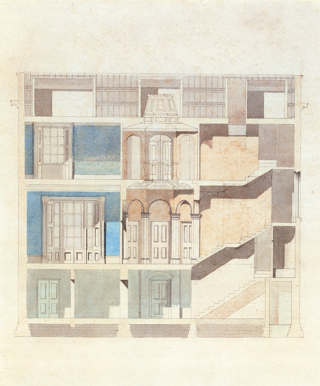 शास्त्रीय शहर के घर के इंटीरियर के लिए एक क्रॉस सेक्शन डिजाइन, c.1840 (पेन और स्याही के साथ wc) द्वारा अंग्रेजी स्कूल