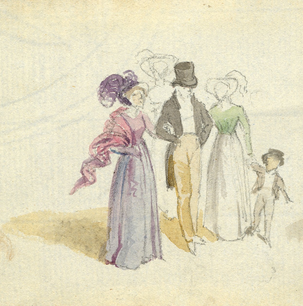 टहलता एक परिवार, c.1825 (कागज पर wc) द्वारा अंग्रेजी स्कूल