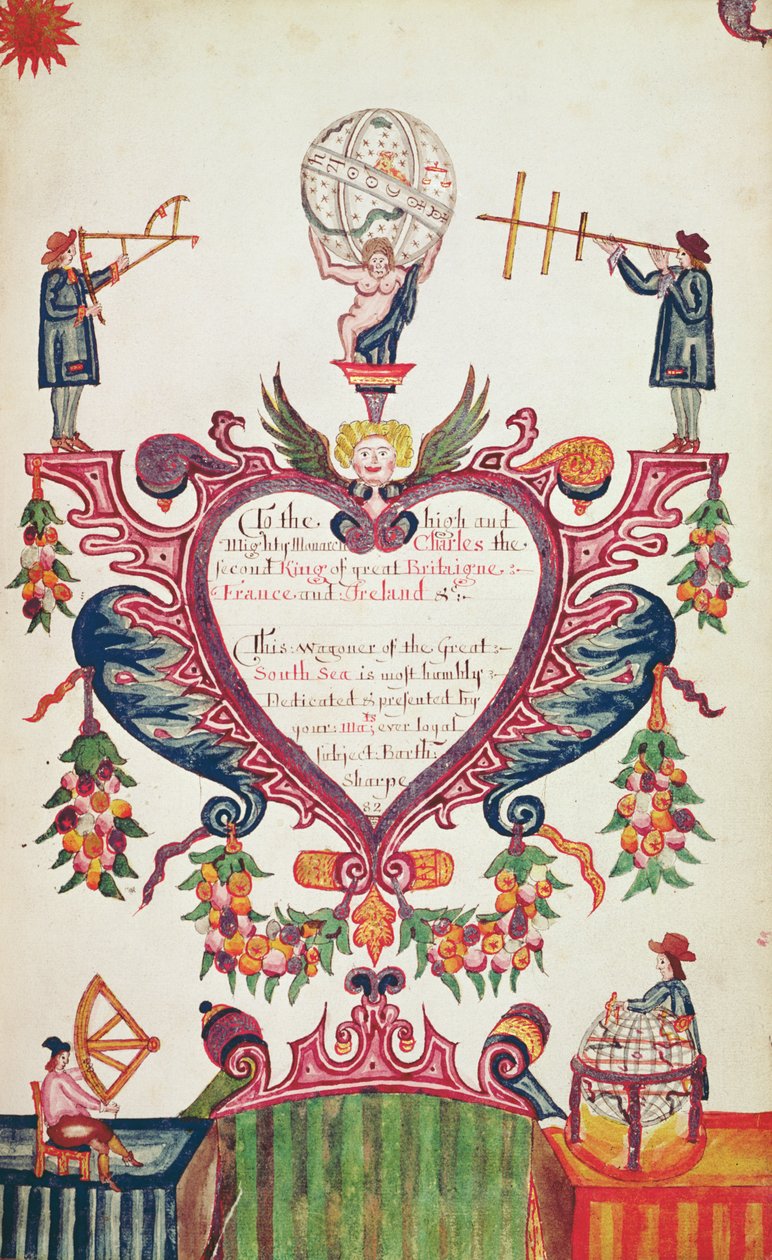 बर्थोलोम्यू शार्प द्वारा चार्ल्स II को समर्पित एक उपहार, c.1681 (कलम, स्याही और wc) द्वारा अंग्रेजी स्कूल
