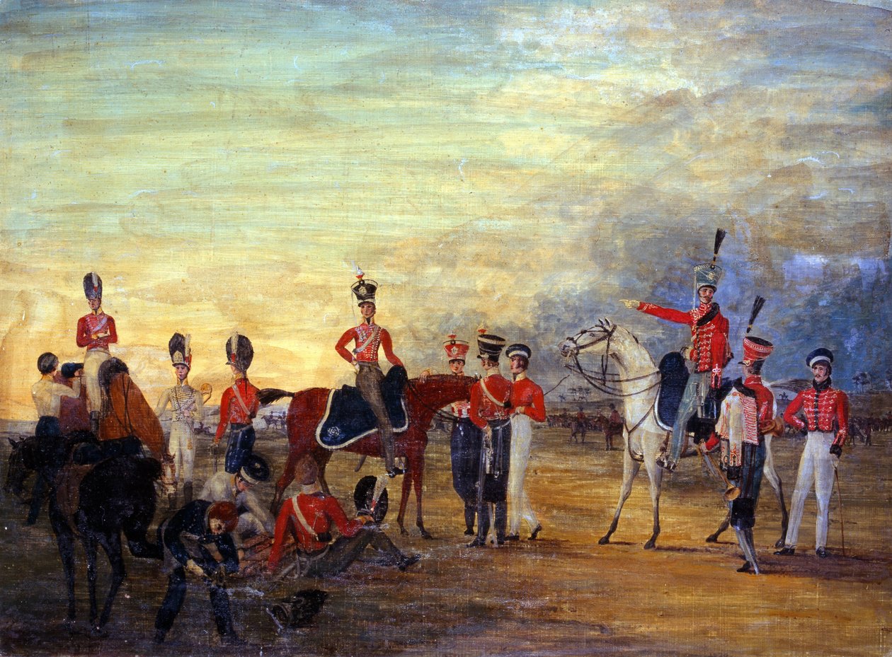 ड्रेस, c.1820 के विभिन्न आदेशों में यॉर्कशायर के युवा और घुड़सवार अधिकारियों और पुरुषों का एक समूह द्वारा अंग्रेजी स्कूल