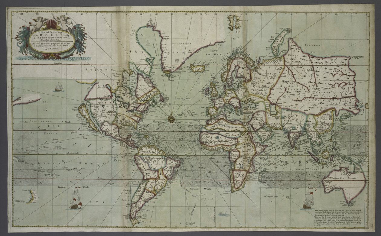 समुद्र के एटलस से दुनिया का एक नया और सही नक्शा, 1707 (हाथ के रंग का प्रिंट) द्वारा अंग्रेजी स्कूल