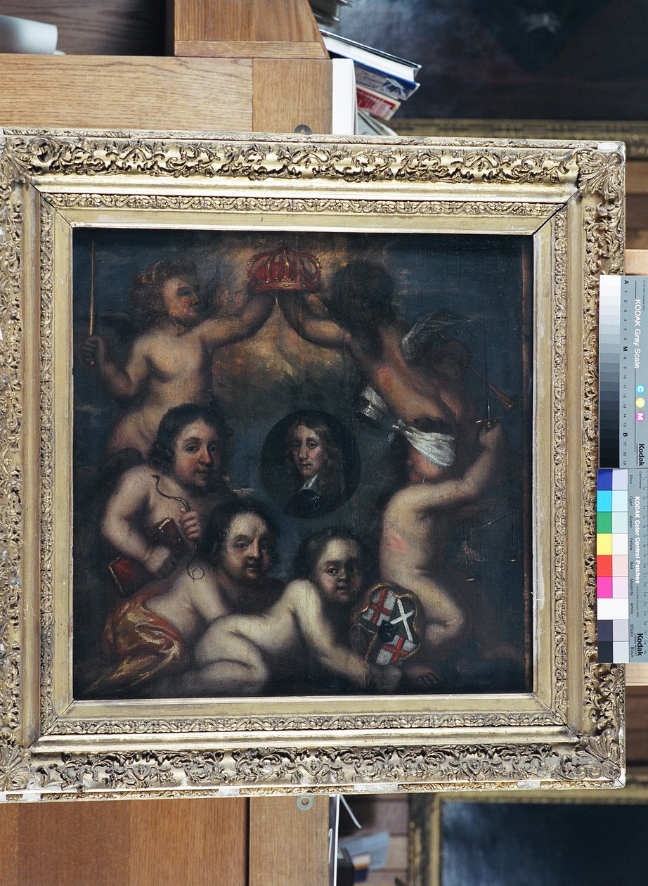 रिचर्ड क्रॉमवेल का एक व्यंग्य जिसे ताज पहनाया जा रहा है, c.1659 (पैनल पर तेल) द्वारा अंग्रेजी स्कूल