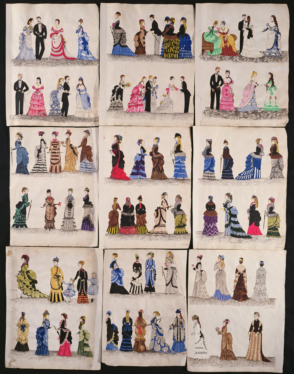 बाल्कन और चलने के कपड़े सहित विक्टोरियन फैशन का चयन, c.1876 (कागज पर wc) द्वारा अंग्रेजी स्कूल
