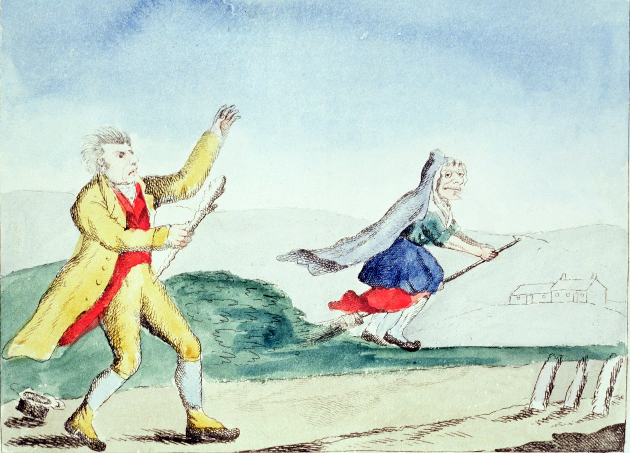 एक चुड़ैल एक आदमी को एक cudgel, c.1790s के साथ डरती है द्वारा अंग्रेजी स्कूल