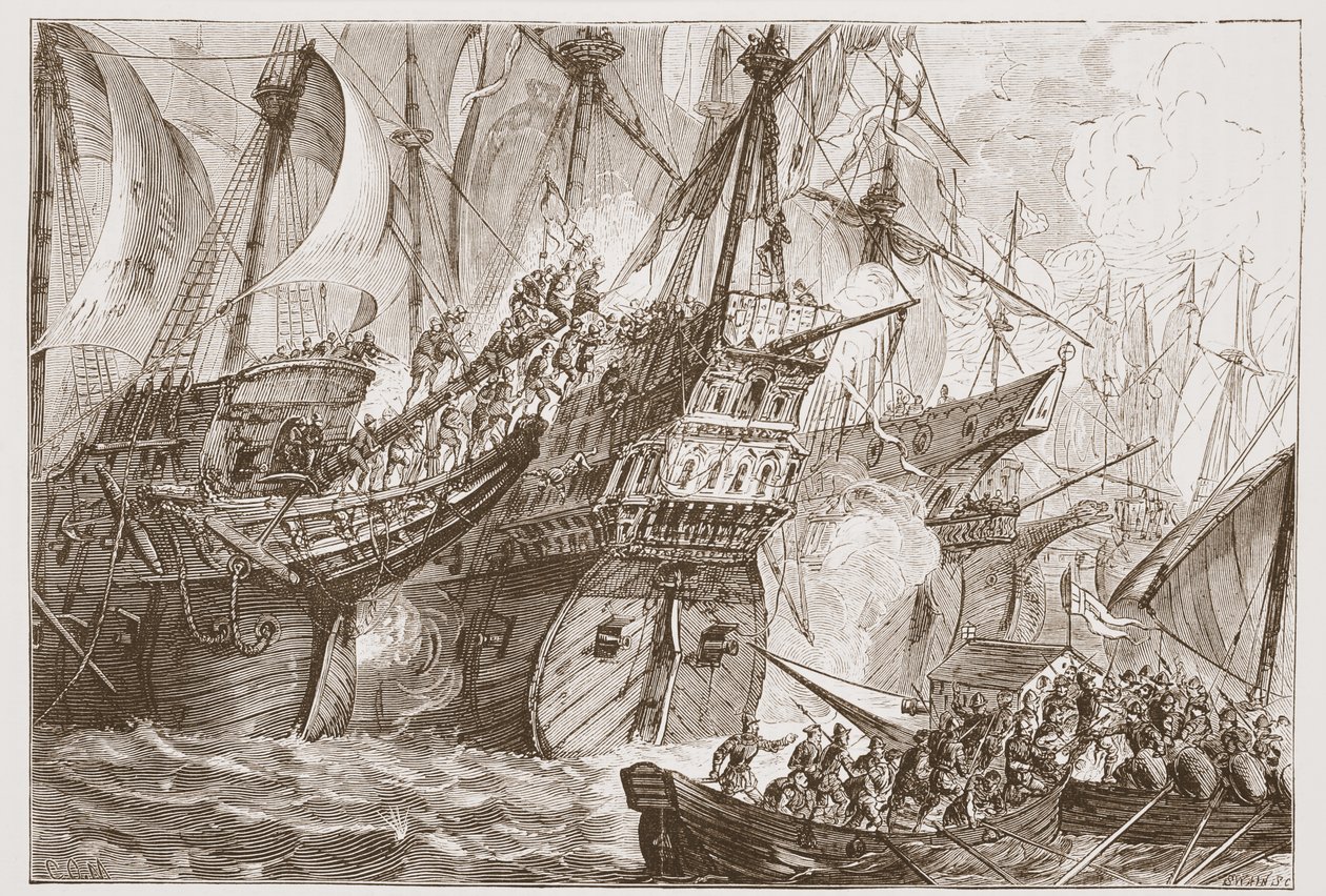 जेम्स एइतकेन वायली (1808-1890), पब द्वारा स्पेनी फ्लीट और शिप्स ऑफ़ द सी बेगर्स, द हिस्ट्री ऑफ़ प्रोटेस्टेंटिज़्म का चित्रण। 1878 द्वारा अंग्रेजी स्कूल