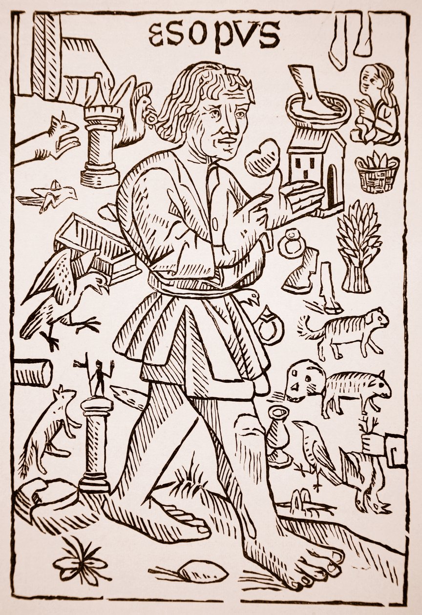 Aesop, विलियम कैक्सटन द्वारा Aesops Fables के सामने का हिस्सा (c.1422-91), 1434 (सीपिया फोटो) द्वारा अंग्रेजी स्कूल