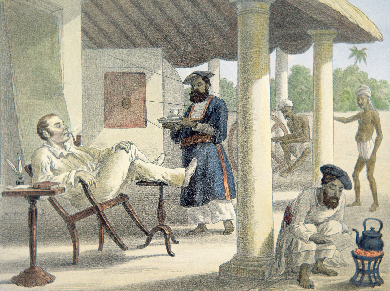 एक अंग्रेजी अधिकारी और उनके मूल नौकर, c.1860 (कलर लिथो) द्वारा अंग्रेजी स्कूल
