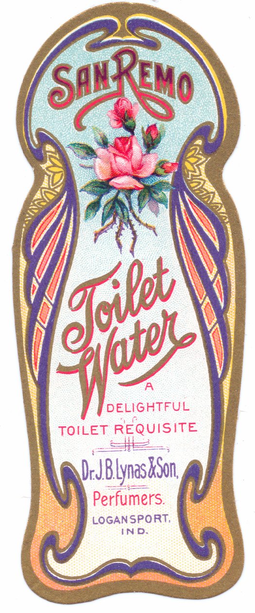 "सान रेमो टॉयलेट वॉटर" के लिए एक आर्ट नोव्यू इत्र लेबल, c.1900 द्वारा अंग्रेजी स्कूल