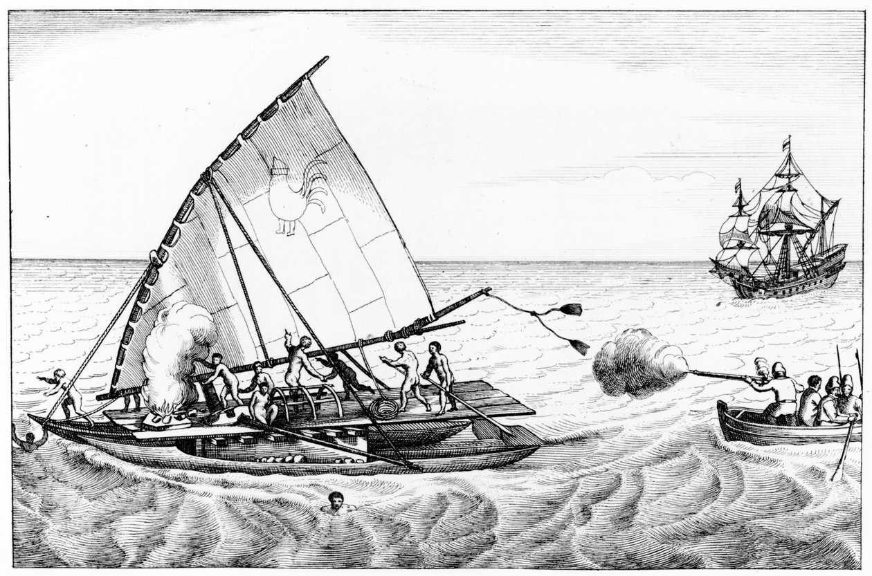 1615-16 में ले मैयर्स (c.1585-1616) और स्काउटन्स (c.1567-1625) के संसार का संचलन, दक्षिण सागर में कालानुक्रमिक इतिहास के इतिहास और खोजों के खंड II से द्वारा अंग्रेजी स्कूल