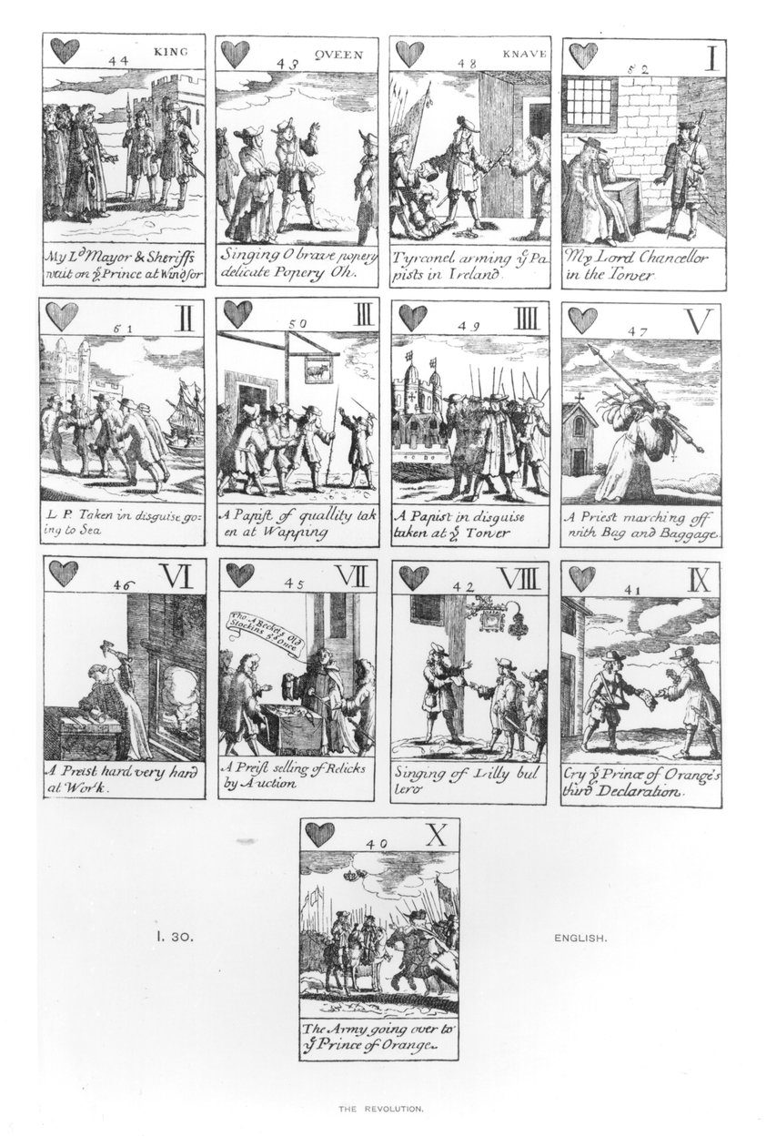 1688 की गौरवशाली क्रांति की याद में एंटी-कैथोलिक प्लेइंग कार्ड, हार्ट सूट द्वारा अंग्रेजी स्कूल