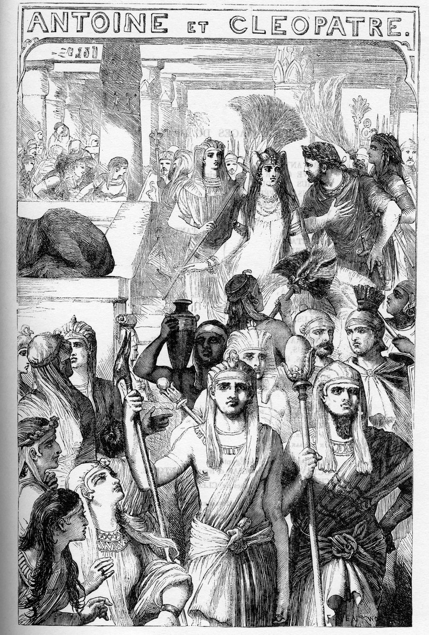 एंटोनी एट क्लोपाट्रे (एंटनी और क्लियोपेट्रा) - "" कंप्लीट्स डी विलियम शेक्सपियर"" में चित्रण 1866 - इस संस्करण के चित्र और सामान्य रूप लंदन में प्रकाशित कैसल के सचित्र शेक्सपियर से उधार लिए गए हैं। द्वारा अंग्रेजी स्कूल