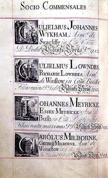 आर्काइव 3693 f.94v पेज न्यू कॉलेज, ऑक्सफ़ोर्ड के चार लाभार्थियों को सूचीबद्ध करता है; विलियम जॉन विखम, विलियम लोन्डेस, जॉन मेयरिक और कैरोलस मिलबोर्न द्वारा अंग्रेजी स्कूल