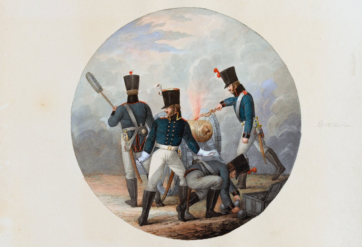 आर्टिलरी, c.1807 (कागज पर पानी के रंग का) द्वारा अंग्रेजी स्कूल