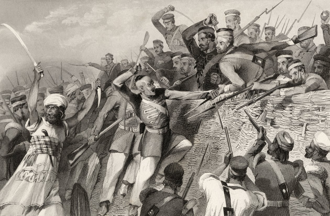 1858 में प्रकाशित &39;द हिस्ट्री ऑफ द इंडियन म्यूटिनी&39; से 30 जुलाई, 1857 को लुकन में रेडन बैटरी पर विद्रोहियों का हमला द्वारा अंग्रेजी स्कूल