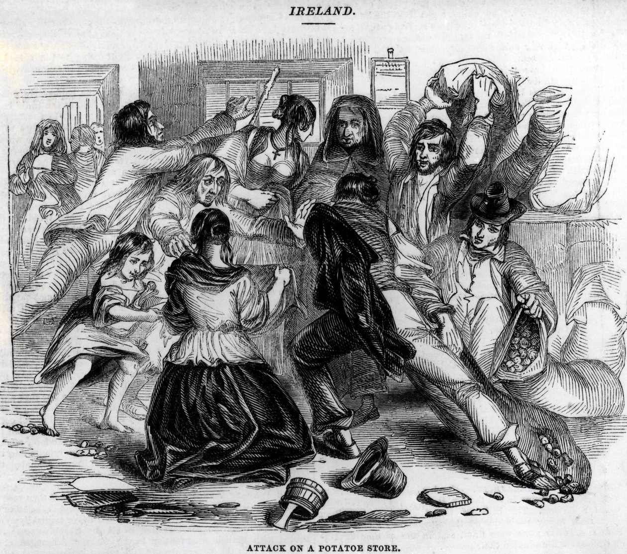 आयरलैंड में एक आलू की दुकान पर हमला, c.1845 द्वारा अंग्रेजी स्कूल