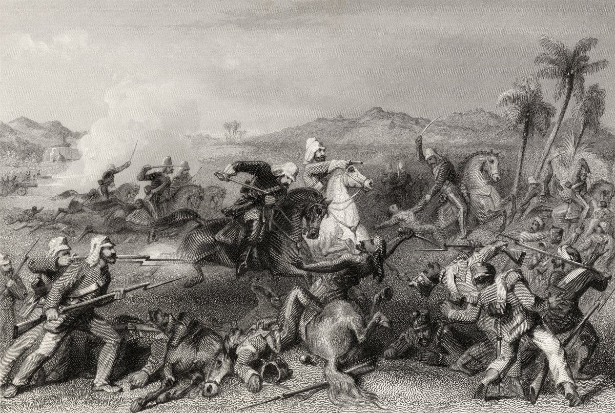 1857 में प्रकाशित &39;द हिस्ट्री ऑफ द इंडियन म्यूटिनी&39; से 1857 में जनरल निकोल्सन द्वारा अनियमित गुहिकायन पर सीलाकोट उत्परिवर्ती पर हमला द्वारा अंग्रेजी स्कूल