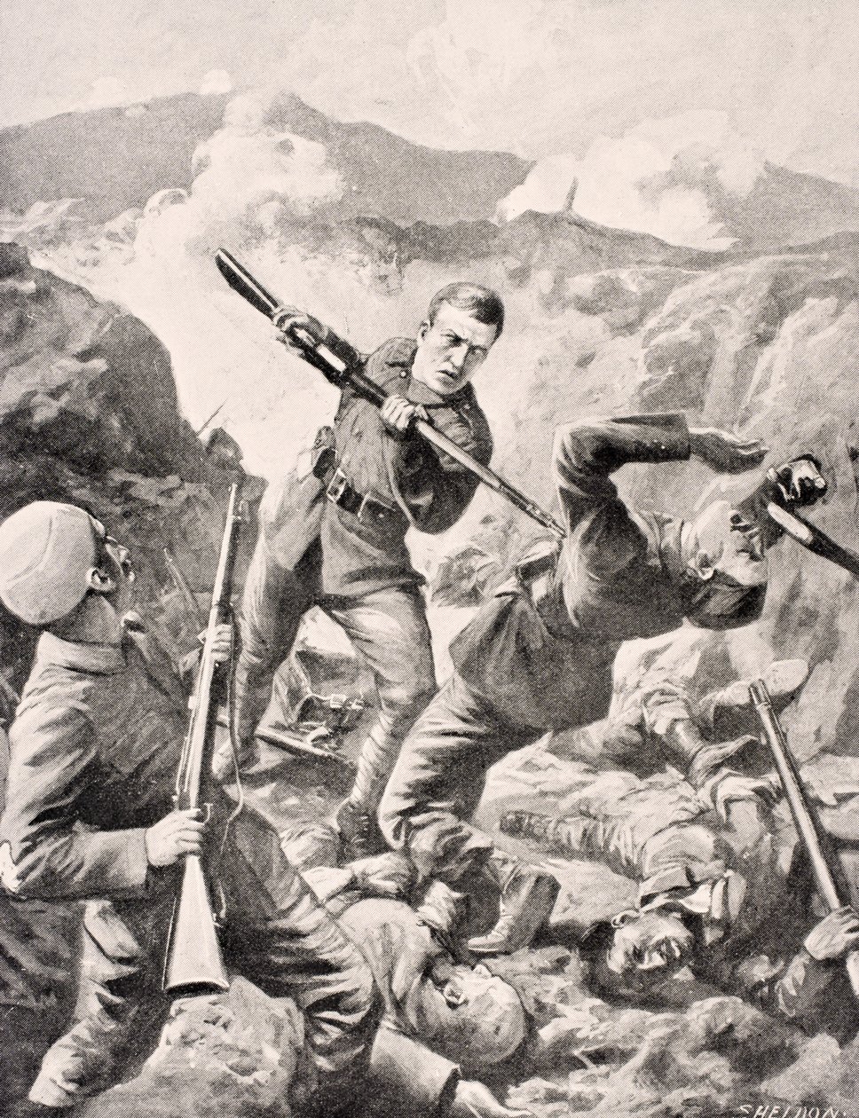 1916 में लंदन में प्रकाशित &39;द वॉर इलस्ट्रेटेड एल्बम डे-डीलक्स&39; से ऑस्ट्रेलियाई लांस-कॉर्पोरल अल्बर्ट जैक, द्वारा अंग्रेजी स्कूल