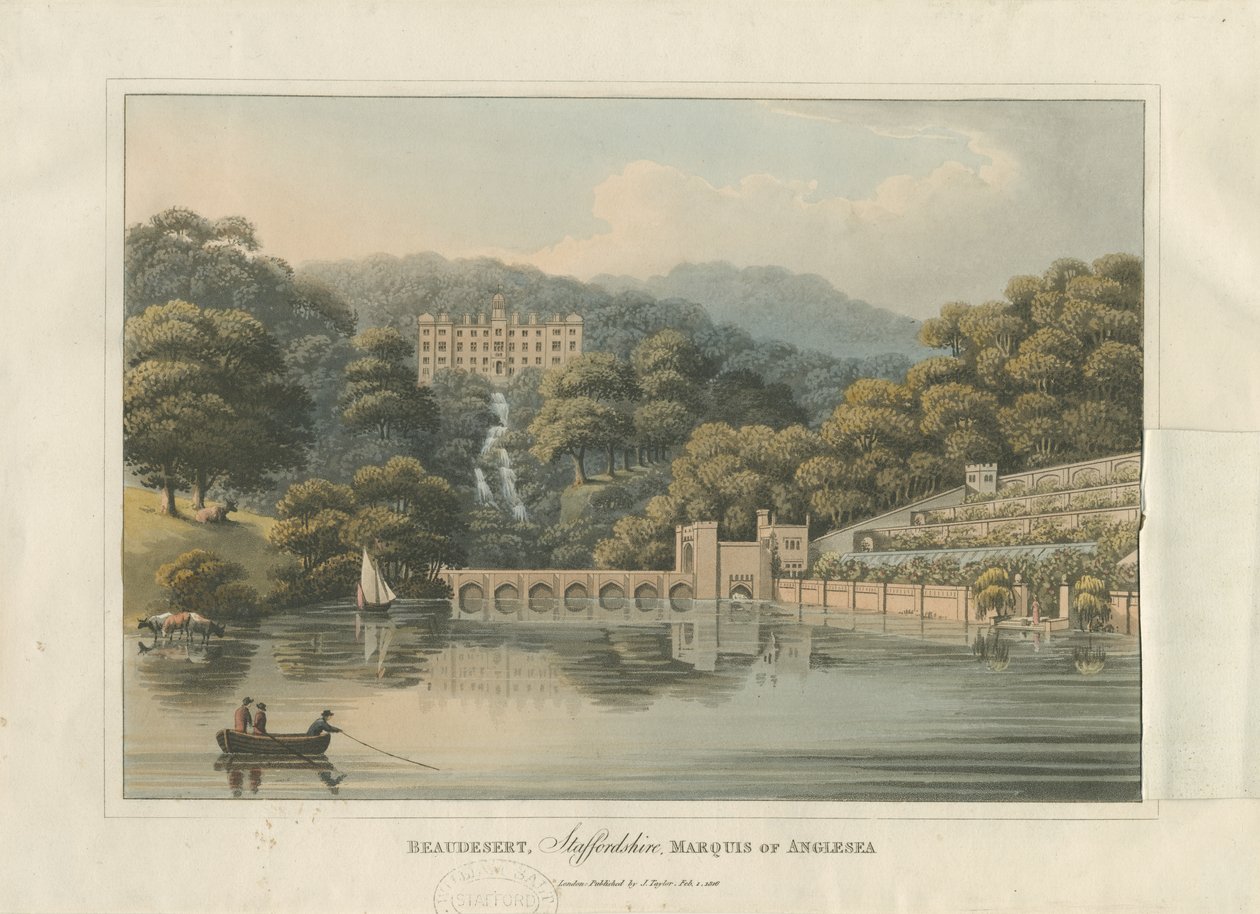 बीडेसर्ट हॉल और पार्क: रंगीन एक्वाटिंट उत्कीर्णन, 1816 द्वारा अंग्रेजी स्कूल