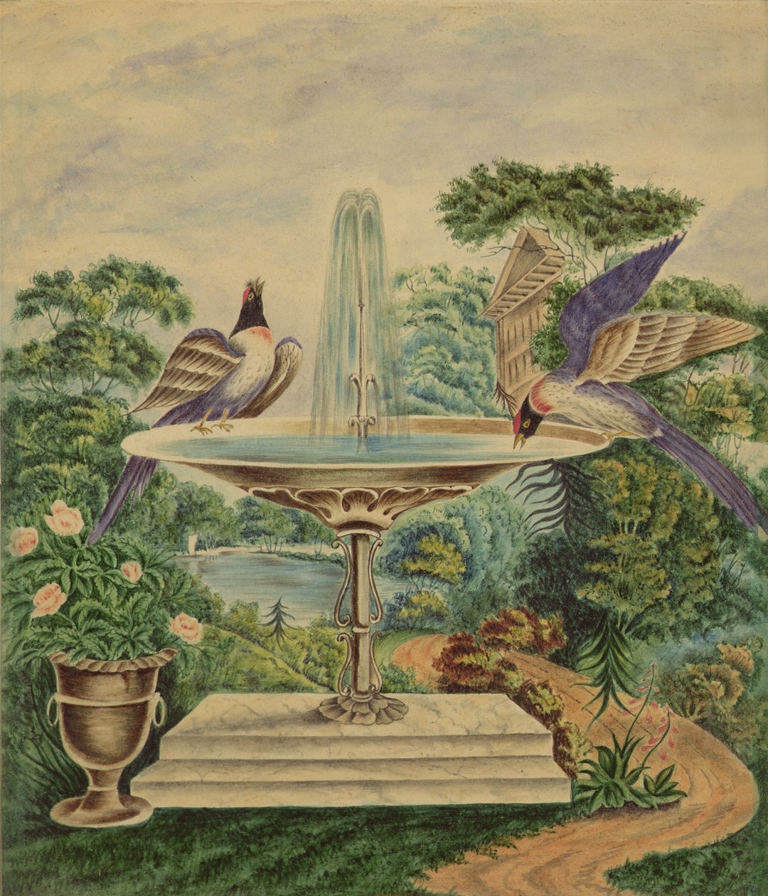 लैंडस्केप पार्क में एक फाउंटेन में पक्षी, c.1840 (कागज पर wc) द्वारा अंग्रेजी स्कूल