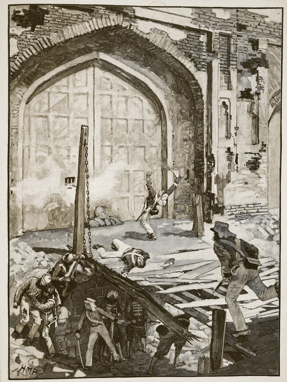 दिल्ली में कश्मीरी गेट को उड़ाते हुए, इंग्लैंड के कैसल्स इलस्ट्रेटेड हिस्ट्री से चित्रण (सीपिया फोटो) द्वारा अंग्रेजी स्कूल