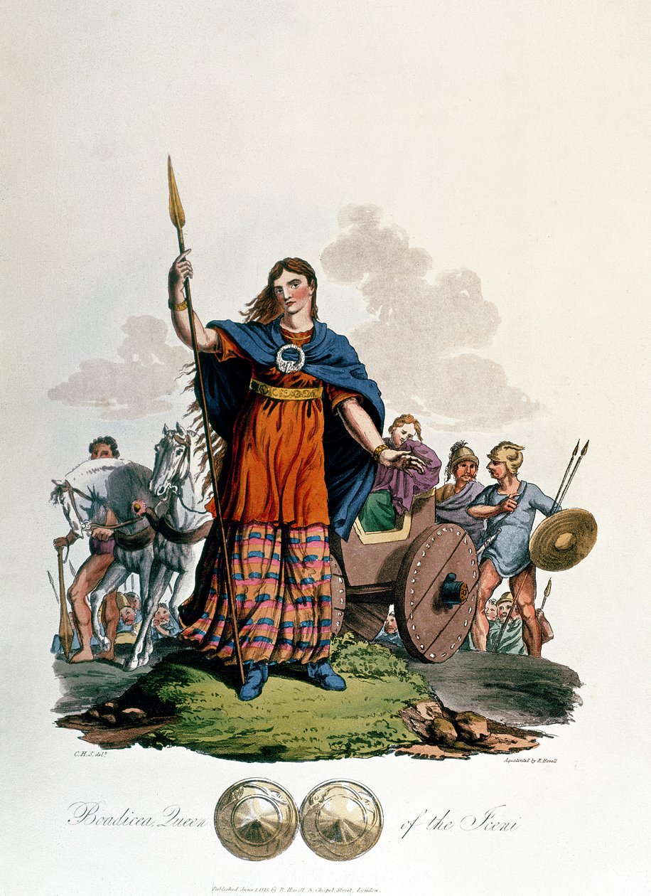 Boadicea, क्वीन ऑफ़ द इकेनी, CHS द्वारा डिज़ाइन किया गया, रिचर्ड हैवेल द एल्डर द्वारा उत्कीर्ण, 1815 (एक्वाटिंट) प्रकाशित द्वारा अंग्रेजी स्कूल