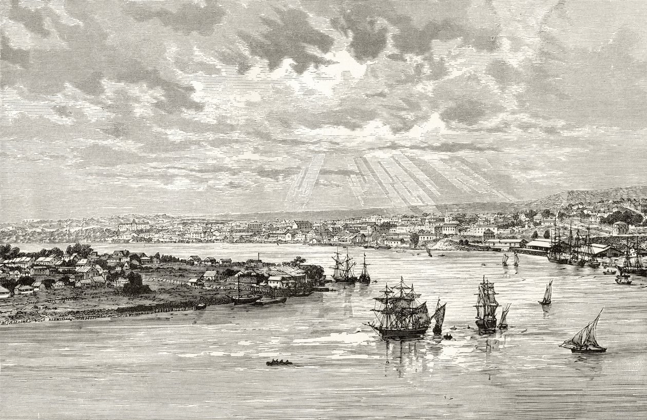 ब्रिसबेन हार्बर, ऑस्ट्रेलिया, c.1880, हावर्ड विलोबी द्वारा &39;ऑस्ट्रेलियन पिक्चर्स&39; से, धार्मिक ट्रैक्ट सोसायटी, लंदन, 1886 द्वारा प्रकाशित द्वारा अंग्रेजी स्कूल