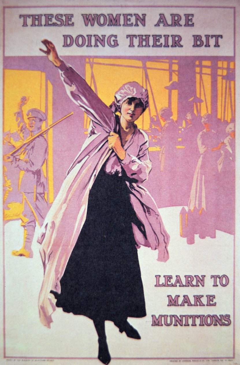 महिलाओं को युद्ध सामग्री कारखानों में काम करने के लिए प्रोत्साहित करने के लिए WWI का ब्रिटिश पोस्टर, c.1914-18 (कलर लिथो) द्वारा अंग्रेजी स्कूल