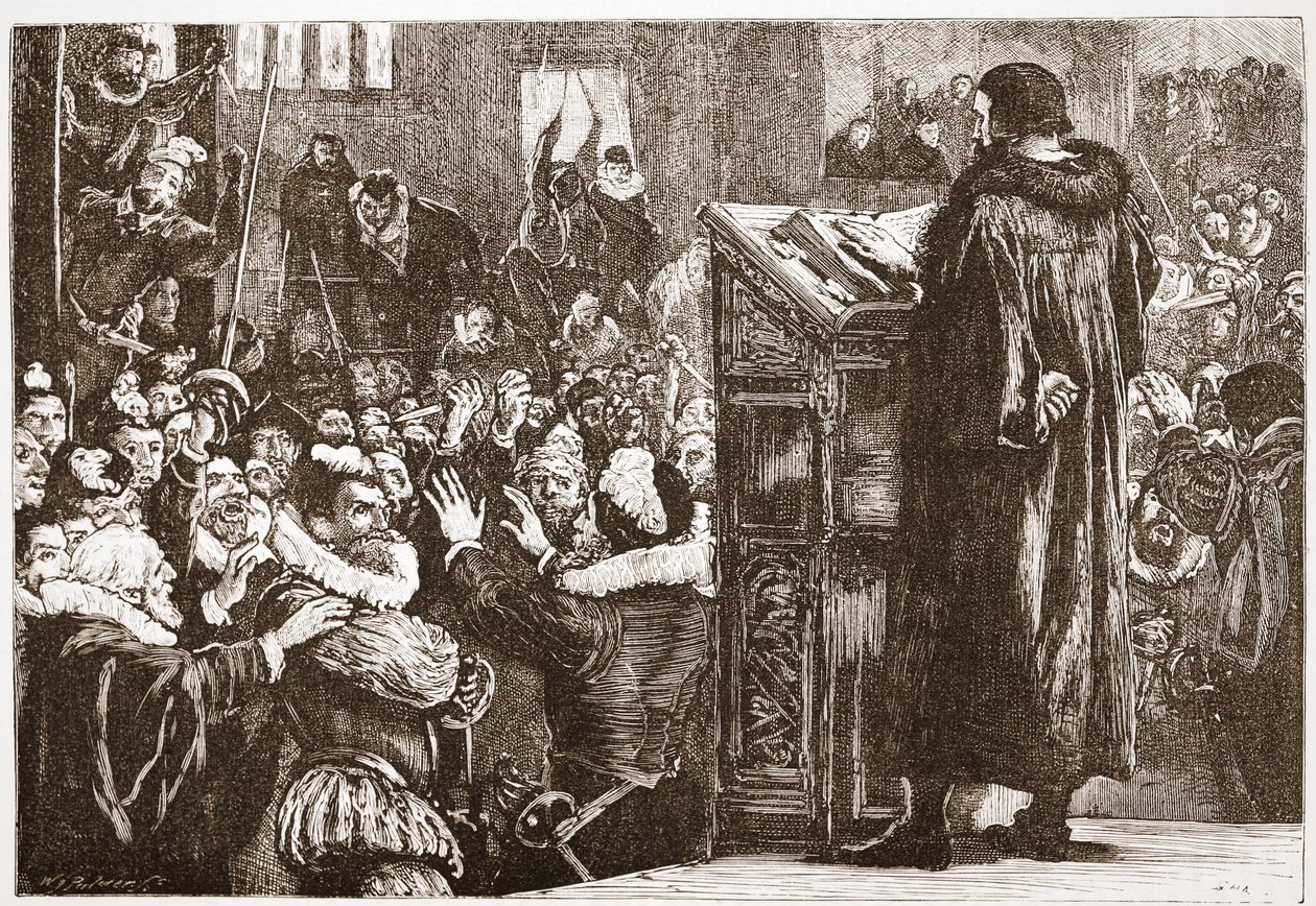 केल्विन ने रिव के चर्च में धमकी दी, जेम्स एइटकेन वायली (1808-1890), पब द्वारा प्रोटेस्टेंटिज़्म के इतिहास से दृष्टांत। 1878 द्वारा अंग्रेजी स्कूल