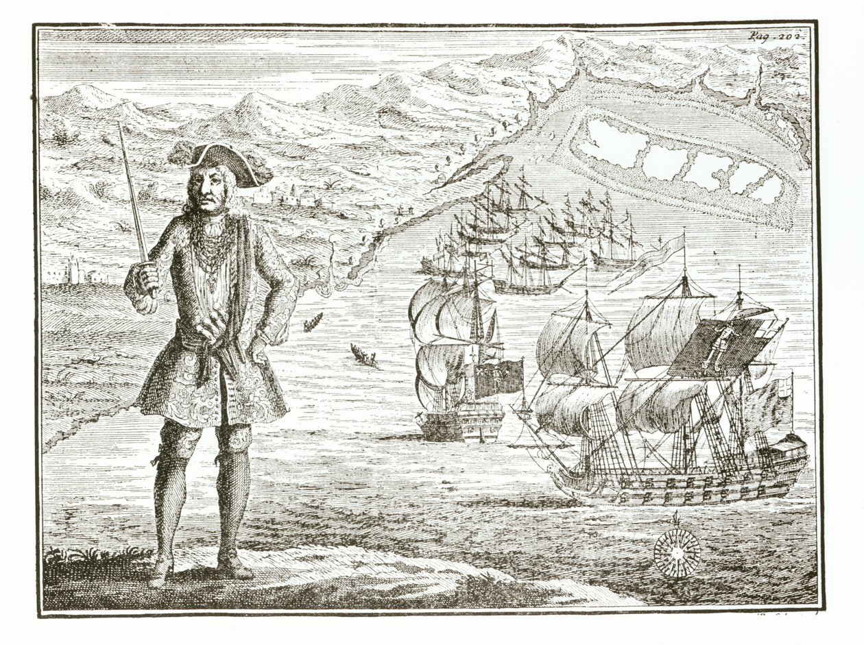 कैप्टन बार्थोलोमेव रॉबर्ट्स (1682-1722) दो जहाजों के साथ, रॉयल फॉर्च्यून और रेंजर गाइनी के तट पर व्हीडा रोड में 11 जनवरी 172 को पाल लेते हैं द्वारा अंग्रेजी स्कूल