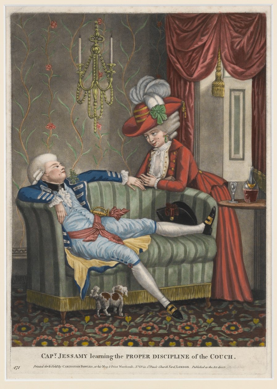 कैप्टन जेसैमी ने काउच का उचित अनुशासन सीखना, c.1782 (हाथ के रंग का मेज़ोटिन्ट) द्वारा अंग्रेजी स्कूल