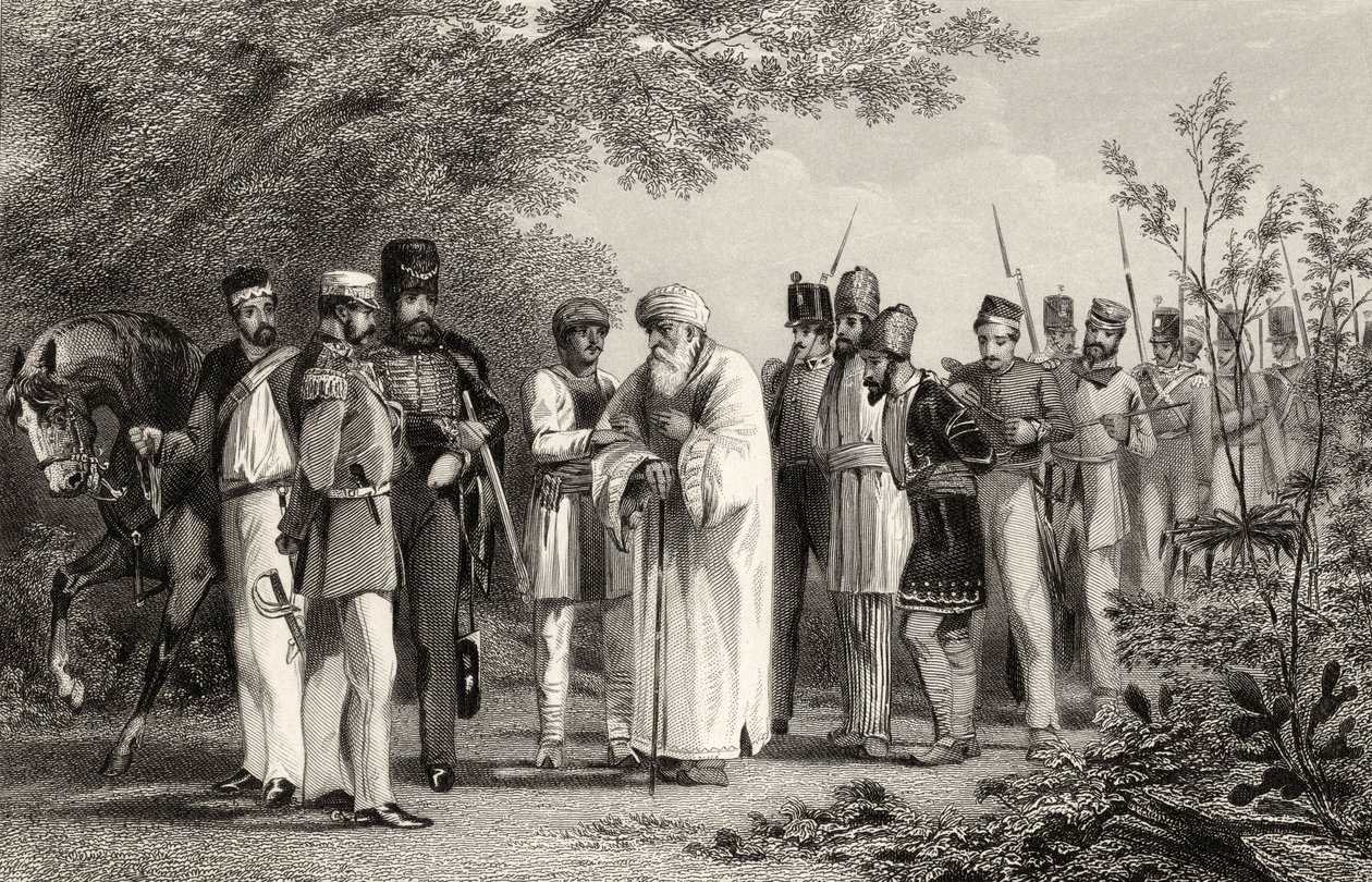 1858 में प्रकाशित &39;द हिस्ट्री ऑफ द इंडियन म्यूटिनी&39; से कैप्टन हॉडसन द्वारा दिल्ली के राजा का कब्जा द्वारा अंग्रेजी स्कूल