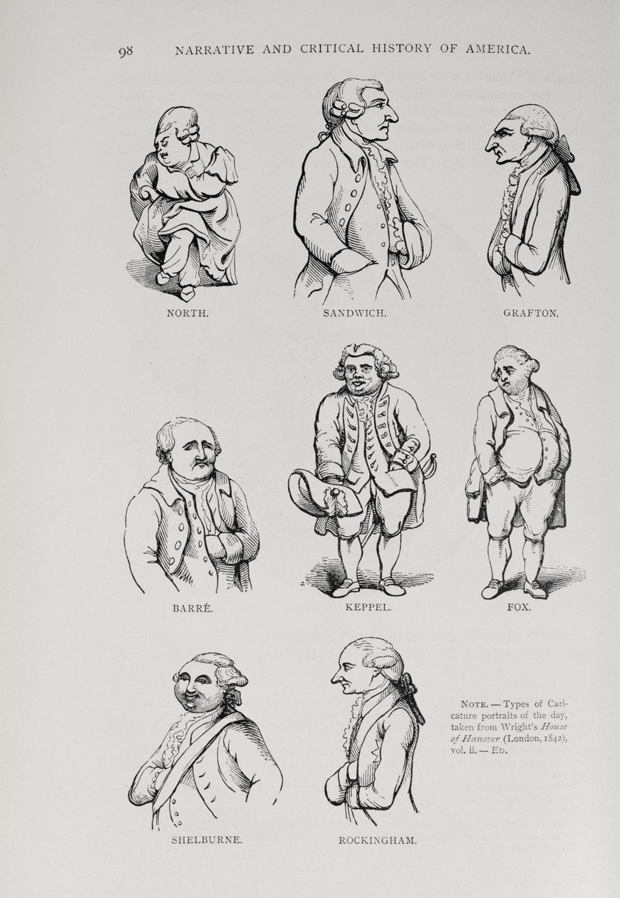 जस्टिन विंसर, लंदन, 1886 द्वारा संपादित &39;द नैरेटिव एंड क्रिटिकल हिस्ट्री ऑफ़ अमेरिका&39; के कैरिकेचर द्वारा अंग्रेजी स्कूल
