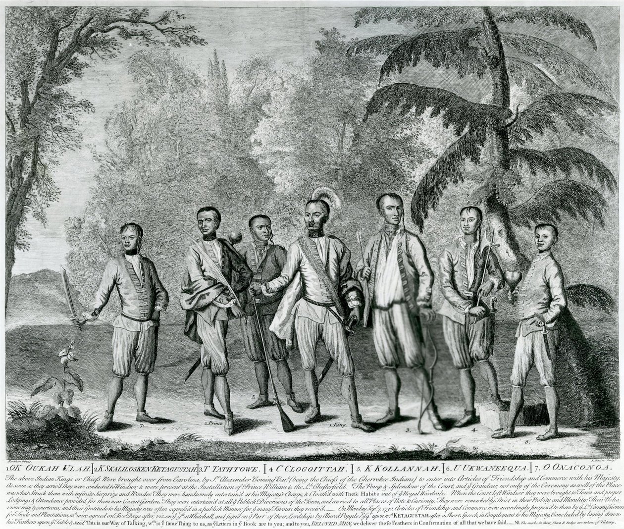 कैरोलिना से चेरोकी प्रमुख, c.1730 (उत्कीर्णन) द्वारा अंग्रेजी स्कूल