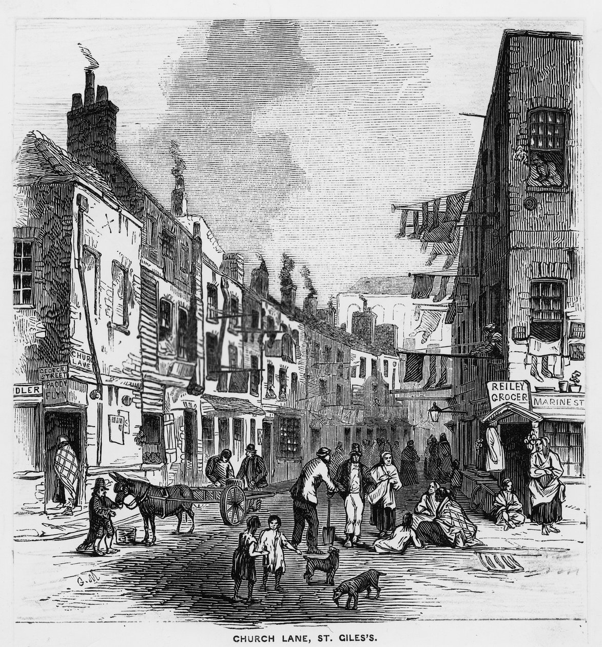 चर्च लेन, सेंट जाइल्स, c.1840 (उत्कीर्णन) द्वारा अंग्रेजी स्कूल