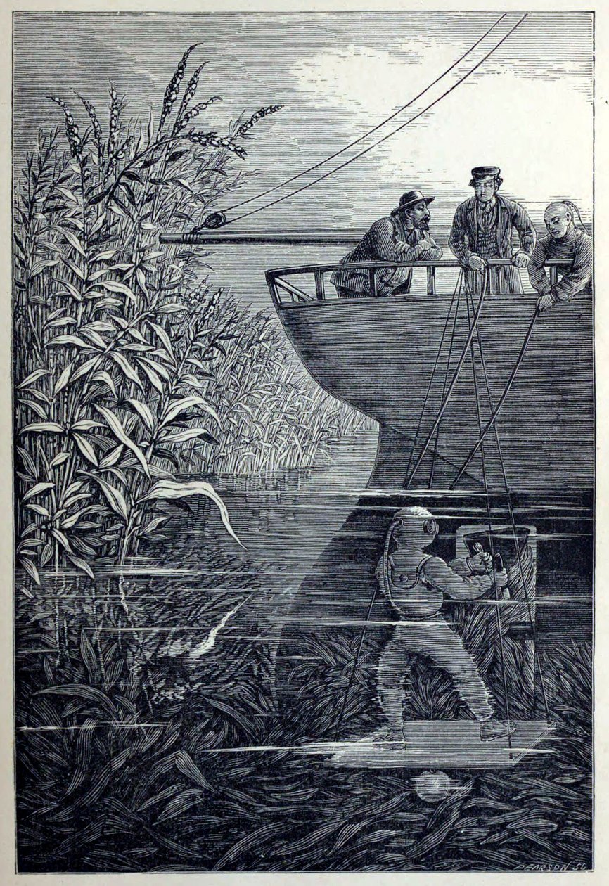 अंडर द वेव्स, या डाइविंग इन डीप वाटर्स, पब से स्क्रू को साफ़ करना। 1887. द्वारा अंग्रेजी स्कूल