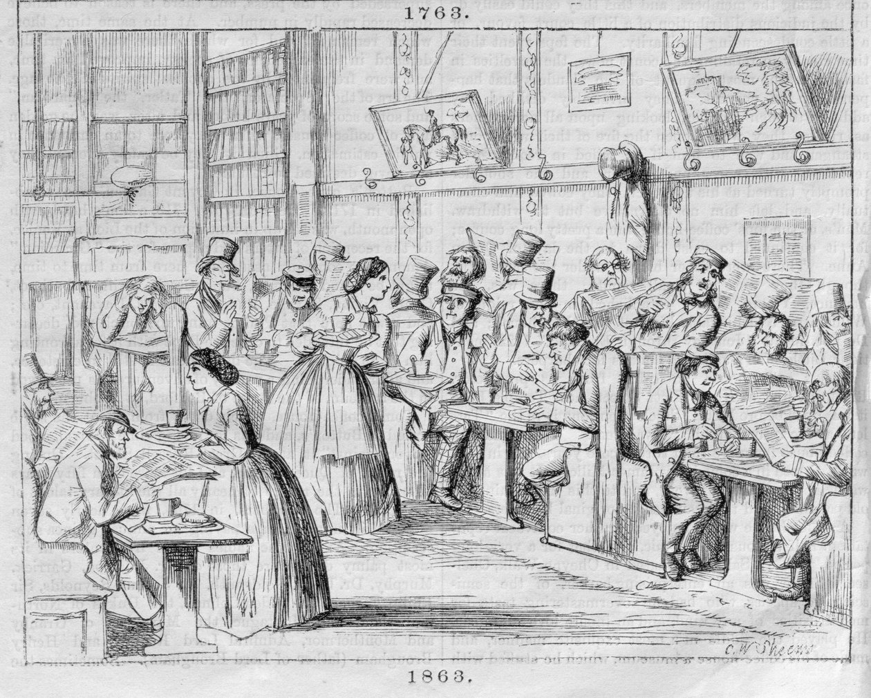 1863 में लंदन कॉफी हाउस-पास्ट एंड प्रेजेंट (रंग उत्कीर्णन) से कॉफी रूम द्वारा अंग्रेजी स्कूल