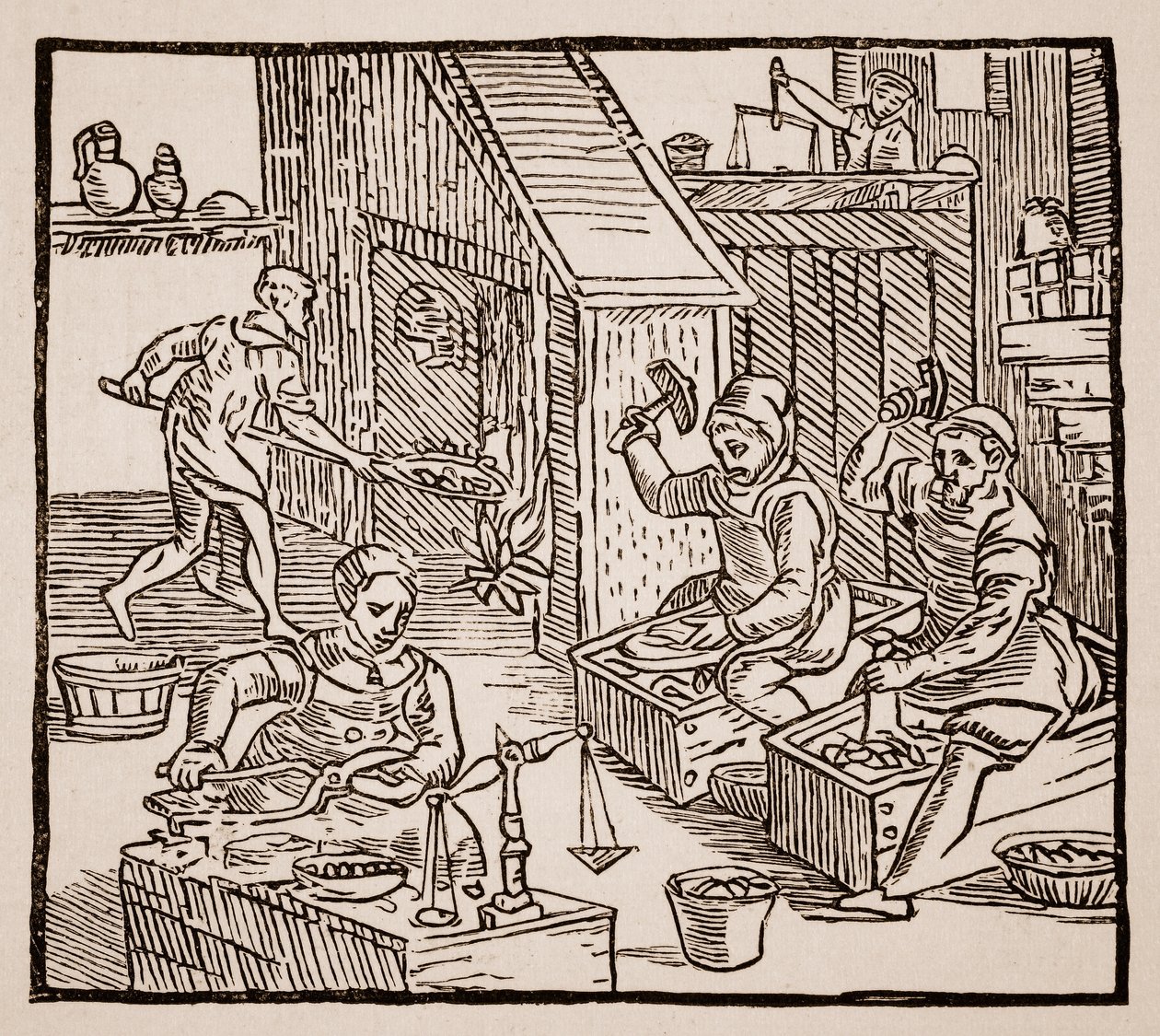 काम पर सिक्का, 1577 (सीपिया फोटो) द्वारा अंग्रेजी स्कूल