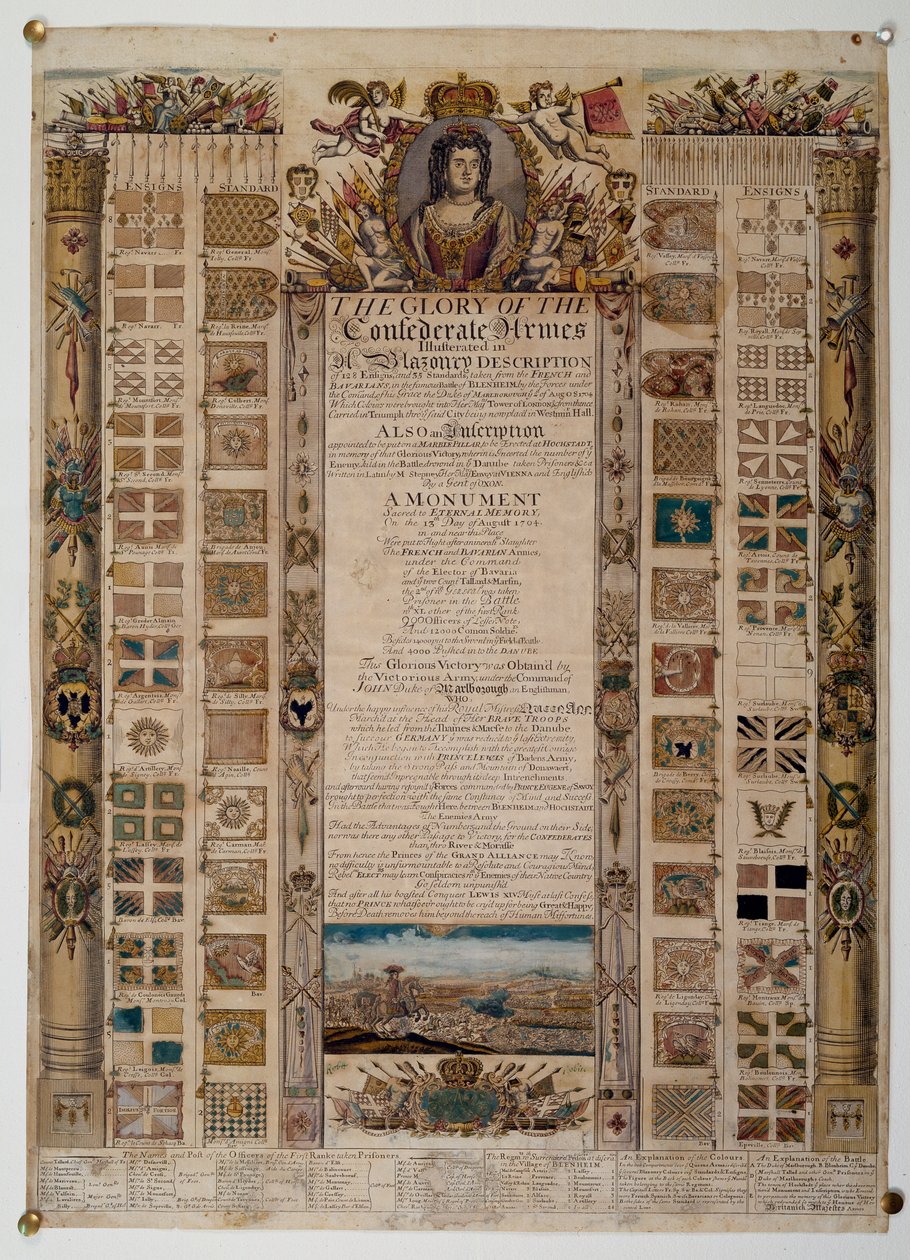 Blenheim, c.1704 (रंगीन रेखा उत्कीर्णन) की लड़ाई के बाद फ्रांसीसी से पकड़े गए मानकों को दर्शाने वाले स्मारक चार्ट द्वारा अंग्रेजी स्कूल
