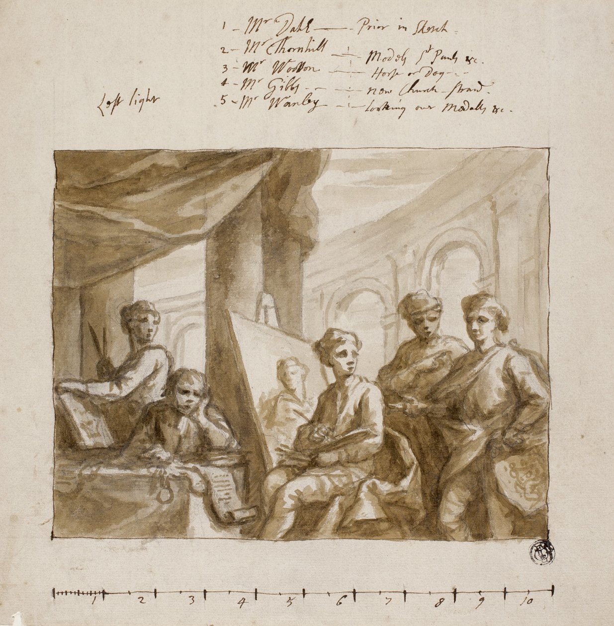 चित्रकारों की कंपनी, c.1719 (ब्रश और ब्राउन वॉश, ग्रेफाइट से अधिक, हाथी दांत के कागज पर) द्वारा अंग्रेजी स्कूल