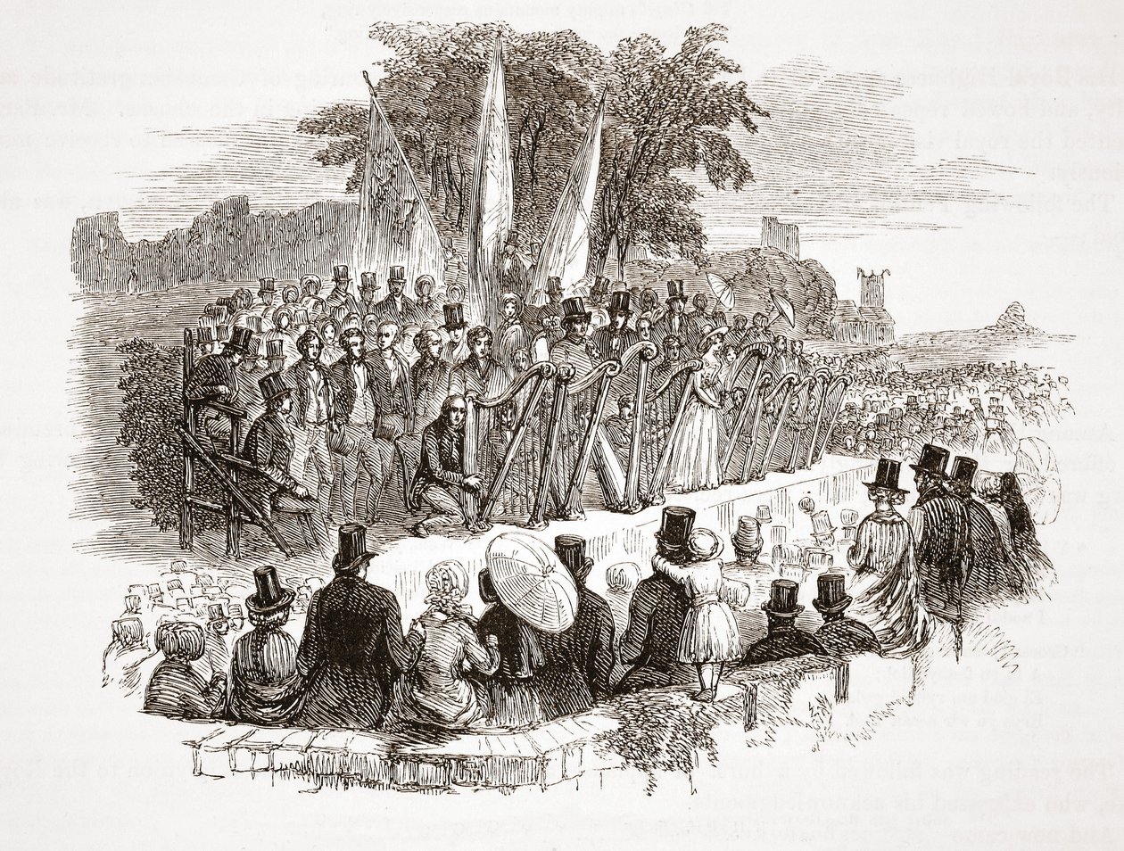 1828 में एचआरएच ड्यूक ऑफ सूज से पहले रॉयल डेनबी एवेरिडोड पर गोल्ड हार्प के लिए प्रतियोगिता (स्टील उत्कीर्णन) द्वारा अंग्रेजी स्कूल